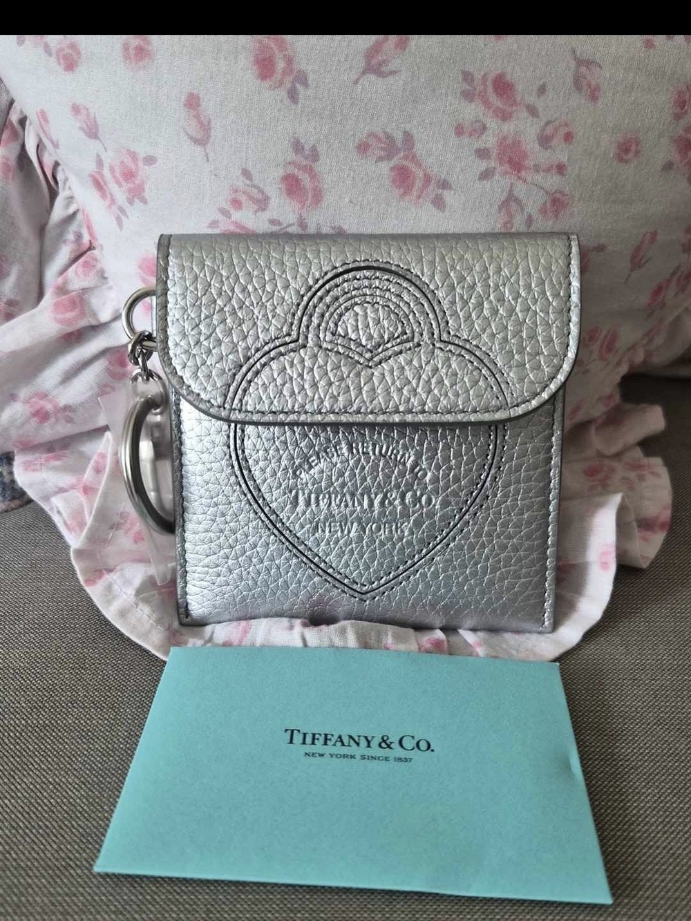Tiffany & Co. Silver Pebbled Leather Heart Keychain Pouch